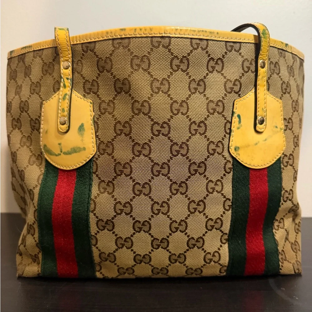 Gucci Beige Tote with Yellow and Green-Red Stripes - Picture 4 of 9